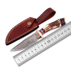 Couteau de chasse à lame fixe en acier Damas, pointe tombante, manche vert, couteau de survie pour l'extérieur avec étui en cuir - Product Image 6