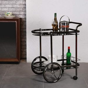 Chariot de bar industriel en métal à double niveau avec roulettes, support de rangement rond pour servir les boissons, utilisation dans le salon - Product Image 1