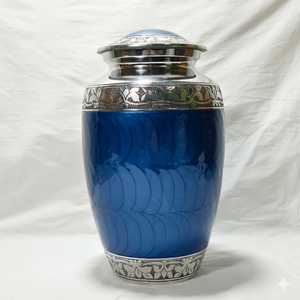 Urna Funeraria de Latón Esmaltado Azul Hecha a Mano para Cenizas Humanas, Urna Conmemorativa Grande para Adultos con Decoración - Product Image 2