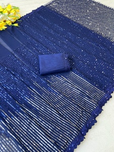 Sari indio elegante de georgette azul con bordado de encaje, estilo tradicional étnico de Bollywood para mujer. - Product Image 3
