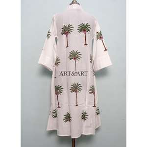 Vestido Midi de Algodón Blanco Hecho a Mano para Mujer, Estilo Boho, Corte Holgado, Estampado a Bloque Ecológico, Informal, para Vacaciones - Product Image 6