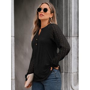 2025 2025 automne mode femmes hauts col en v Blouses avec dentelle à manches longues décontracté affaires tenues taille XL - Product Image 1