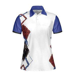 เสื้อโปโลแขนสั้นผู้หญิง สีขาว-น้ำเงิน คอเสื้อตัดกัน ลายเสือดาว แต่งผ้าถักแบบแพทช์เวิร์ค เสื้อลำลอง พิมพ์ลายแบบซับลิเมชั่น - Product Image 1