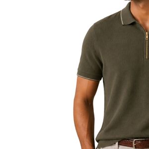 Polo Verde Oliva para Hombre con Cierre, Logotipo Personalizado Bordado, Manga Corta, Textura Acanalada, Mezcla de Algodón, Camisa de Golf Casual de Lujo OEM - Product Image 3