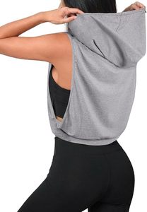 Sudadera corta sin mangas con capucha para mujer, estilo tank top, corte muscular, abertura profunda en el hombro, con cordón, de punto elástico, en blanco para bordado - Product Image 3