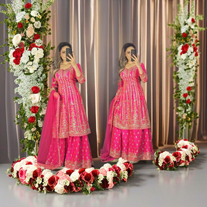 New Designer Pink Satin Silk Wedding Party Wear Dupatta Set with Heavy Embroidery Work Wrinkle Free - Product Image 1