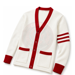 custom sorority white <b>cardigans</b> acrylic knitted V-neck <b>women's</b> sweaters <b>red</b> trim fraternity Greek embroidery logo varsity - Product Image 1