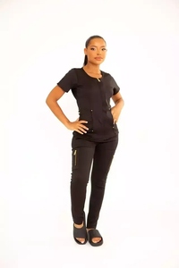 Custom Logo Jogger Hospital Uniform Elastic Pockets Women Nursing Medical Fitted Black Stretchy Woven <b>Scrub</b> <b>Set</b> - Product Image 4