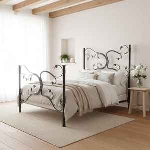 Estructura de Cama de Hierro con Detalles Curvos Ornamentales, Construcción Resistente y Muebles de Dormitorio Tradicionales Sofisticados - Product Image 2