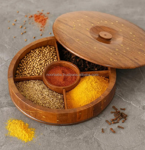 Polished Round Wooden Spice Container 5 Compartment Masala <b>Box</b> Religious Style Kitchen Storage Organizer for Dry Fruits - Product Image 6