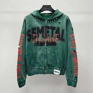 Sudadera con capucha y cremallera Semetal Insane con pedrería para hombre y mujer, verde lavado, corte ajustado, con brillo de cristal, estilo urbano, 2026 HD - Product Image 2