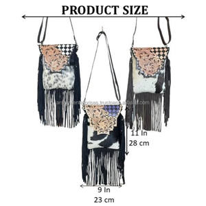 Sac à main bandoulière de luxe haut de gamme pour femme en cuir travaillé à motif damier, avec franges en cuir de vachette, style bohème - Product Image 2