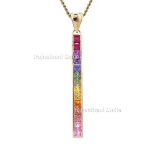 Zafiro arcoíris natural 14K oro amarillo sólido princesa corte piedras preciosas canal conjunto barra colgante tamaño 3 mm cadena compromiso Mujer - Product Image 1