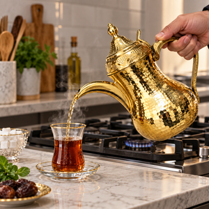 Premium Hammered Gold Brass Arabic Coffee Pot Dallah Long Spout Traditional Bedouin Tea <b>Kettle</b> Commercial Grade Drinkware Factor - Product Image 3
