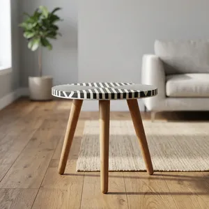 Mesa Auxiliar de Madera Hecha a Mano con Incrustaciones de Hueso, Patrón Chevron, Tapa Redonda, Mueble Decorativo para Sala de Estar Moderna - Product Image 4