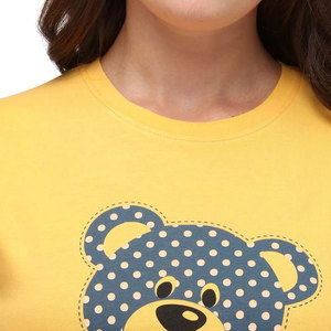 Ensemble t-shirt à col rond imprimé ours jaune et short à pois pour femme, tenue décontractée printemps-été, 100% coton, coupe classique - Product Image 4