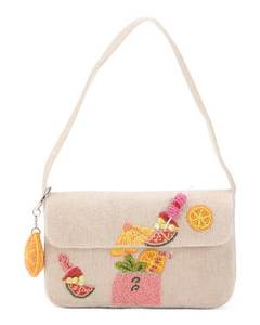 <b>Pink</b> Citrus Embroidered Mini <b>Bag</b> With Flap Closure Summer Fashion Hand-Carry Purse - Product Image 2