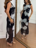 Robe longue moulante noire à imprimé floral pour femme, sans manches, avec ourlet transparent, en tricot