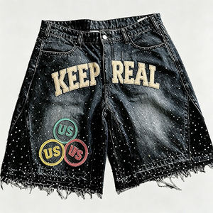 Shorts en jean pour homme, taille haute, avec broderie de strass personnalisée, ourlet brut, effet vieilli, délavé soleil, style Jorts - Product Image 3