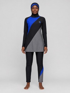 Conjunto de burkini modesto con cremallera OEM, traje de baño islámico musulmán impermeable con estampado estilo burkini con diseño OEM. - Product Image 1