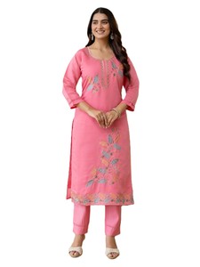 Salwar Kameez Rosa de Seda Romana con Diseño Floral Bordado, Ropa Casual Tradicional India para Mujer, Corte Regular, Largo hasta el Tobillo - Product Image 2