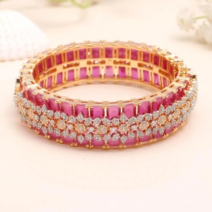 Luxury Women's 18K Gold Plated Ruby Bangle <b>Bracelet</b> With Diamond Flower Design For Wedding Ethnic Jewelry - Product Image 3