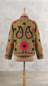 Veste en coton brodée Suzani vert olive pour femme, faite à la main, respirante, en tissu TNT, motif floral rose, style bohème ethnique, vente en gros, mode - Product Image 2