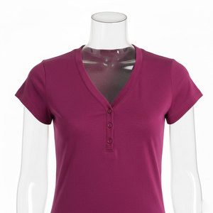 Nouveauté 2026 – Hauts pour femmes en gros : T-shirt décontracté à manches courtes, col rond, boutonné, en maille unie – Nouveau design - Product Image 4