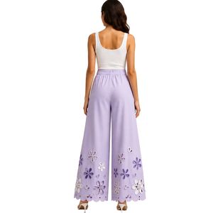 Pantalon palazzo large brodé personnalisé en lavande pour femme, motif floral ajouré, taille haute, en coton, décontracté, vêtements OEM sur mesure - Product Image 2