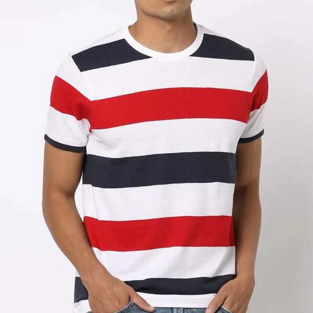Men's Striped Short Sleeve T-Shirt Regular Fit O-Neck Knitted Casual White Red Navy Patterned Design Top Good Quality Men Shirts