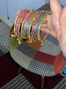 Trendy Geometric Silver Plated <b>Glass</b> <b>Bangles</b> Imitation Pearl Churiyan Set Custom Colors Wedding Party Wear - Product Image 2