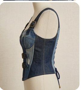 Top Corset de Mezclilla con Parches, Tirantes Finos, Botones al Frente, Ajustado, Estilo Casual para el Día a Día y Estilo Urbano - Product Image 5
