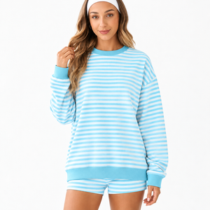 Ensemble sweat-shirt et short rayé pour femme, prix d'usine, coupe ample décontractée, coton, tenue 2 pièces, printemps-été - Product Image 5