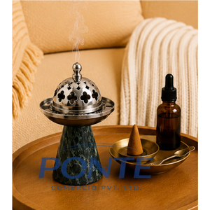 Brûleur d'encens de luxe en métal avec base en marbre, support moderne en argent pour Bakhoor, couvercle perforé, pour Oud et Résine, écologique, élégant, pour l'aromathérapie - Product Image 4