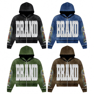 Hot Selling Winter Custom DTG Print Logo Acid Washed Patch Work Heavyweight Cotton Unisex Cropped Boxy Distressed <b>Zip</b> <b>up</b> <b>Hoodie</b> - Product Image 1