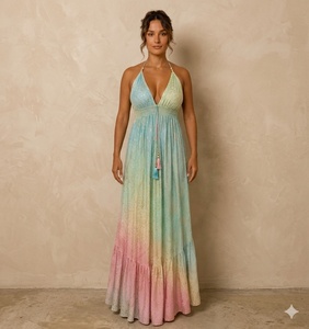 Vestido Casual Largo hasta el Suelo para Mujer, con Estampado Floral/Geométrico, Estilo Boho, Cuello en V, Cintura Natural y Borlas, Tejido de Seda Excelente - Product Image 1