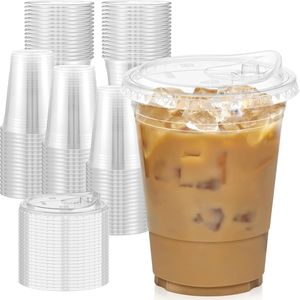 Confezione da 100 Bicchieri Monouso in Plastica Trasparente da 16 oz con Coperchi, Robusti e Sicuri per Alimenti, Ideali per Caffè Freddo e Frullati - Product Image 1