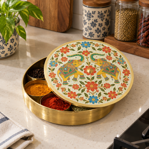 Handcrafted Round Brass Spice Box Royal Elephant Floral Printed Lid Masala Dabba Kitchen Storage <b>Container</b> Set With Spoon Export - Product Image 3