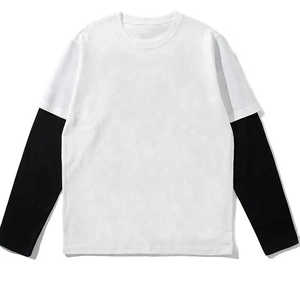 เสื้อยืดแขนยาวผู้ชาย สีขาวดำ ตัดสี คอโอ ทรงลำลอง ผ้าถัก ทรงปกติ ผ้าเจอร์ซีย์คอตตอน - Product Image 1