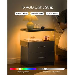 <b>Bedside</b> <b>Table</b> Nightstand with LED Lights Adjustable Light Colors 2 Drawers <b>Black</b> - Product Image 3