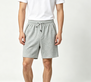 Shorts Bermuda en coton gris pour homme avec cordon de serrage à la taille et poches, style décontracté, taille mi-haute, tissu tricoté - Product Image 1