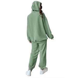 Conjunto Deportivo con Capucha para Mujer, Color Verde Sólido, Sudadera Larga con Bolsillos Laterales, Corte Holgado, Ropa Casual de Otoño - Product Image 5