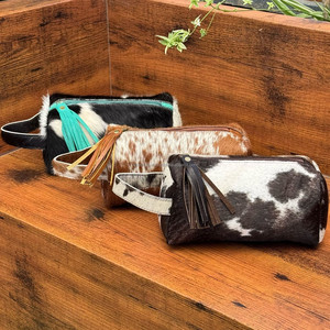 Multifunctional Large Capacity Hair on Cowhide Leather Turquois Tassel Toiletry Bag <b>Makeup</b> Cosmetic <b>Storage</b> Travel Organizer Box - Product Image 5