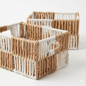 Stylish Two Tone Woven Rope Basket Rectangular <b>Storage</b> Container For Home <b>Bath</b> Organization Handwoven With Handles Eco Friendly - Product Image 6