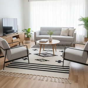 Tapis de couloir/tapis rectangulaire en coton tissé à la main, motif floral moderne, lavable en machine, réversible, noir, pour la maison - Product Image 1