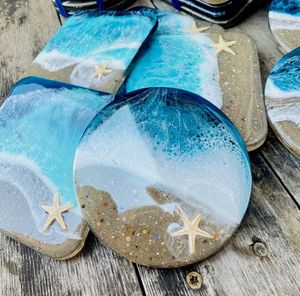 Posavasos de Resina con Diseño de Playa, Redondos, Antideslizantes, Decoración Mediterránea con Estrellas de Mar, Resistentes al Calor - Product Image 1