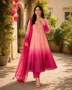 Conjunto de pantalón y kurti acampanado de gasa con bordado en el cuello, estilo Anarkali, en tono ombre rosa, ropa étnica india, salwar kameez pakistaní. - Product Image 5