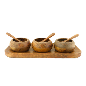 Ensemble de bols à condiments en bois de manguier faits à la main avec plateau de service et 3 cuillères – Serveur de sauces et d'assaisonnements écologique pour table de restaurant - Product Image 6