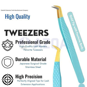 Premium Durable Stainless Steel <b>Light</b> Blue Diamond Grip Curved Serrated Tip Eyelash Extension Tweezers Gold Plated Fiber Tips - Product Image 4