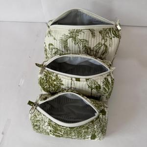 Premium Green Toile Print Cosmetic Pouch Set Quilted Cotton Makeup Bags Travel <b>Toiletry</b> Organizer - Product Image 2
